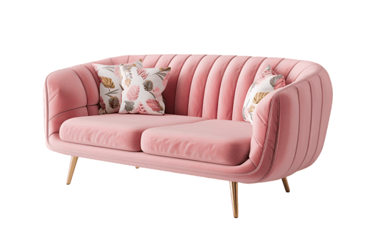Pink Velvet Sofa with Floral Pillows Modern Furniture Design, png