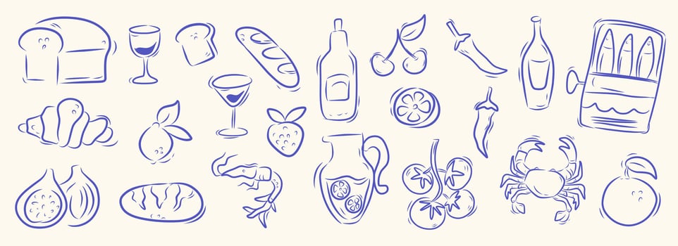 Italian food set. Hand drawn mediterranean lunch and dinner doodle icons. Croissant, sardines, bakery, tomato, lemon, wine. Dolce vita aesthetics whimsical. Perfect for print, design menu, sticker. vector