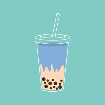Flat style illustration of a bubble tea drink in a transparent cup with a straw, featuring creamy layers and tapioca pearls, ideal for beverage menus, cafe designs, and food-themed projects. vector