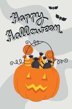 A flat style Halloween poster featuring a pumpkin shaped like a candy basket. Happy Halloween. Perfect for a Halloween party invitation vector