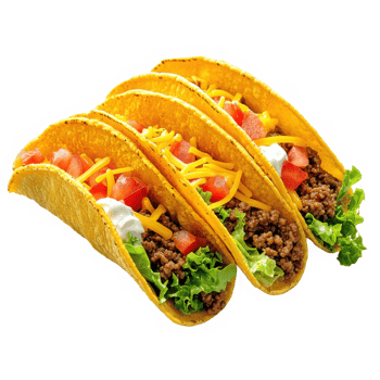Three delicious tacos close up on transparent background png
