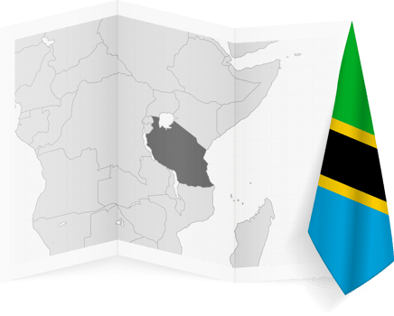 Tanzania grayscale map and hanging flag. png