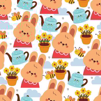 seamless pattern cute cartoon bunny with flower and water pot. cute animal drawing for spring wallpaper vector
