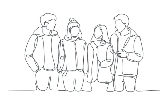 Continuous Line Drawing of Four Friends in Winter Clothing vector