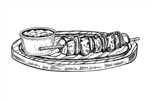 Monochrome kebab skewers on round wooden board with ceramic sauce bowl illustration painted by black inks. For BBQ menus, food blogs. Suitable for meat, vegetarian or vegan concepts vector