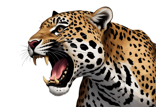 Head portrait of roaring jaguar with open mouth and fangs visible. png