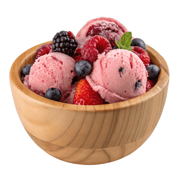 Delicious mixed berry ice cream in a rustic wooden bowl, fresh summer dessert png