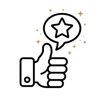 A black outline of a hand giving a thumbs-up is accompanied by a speech bubble containing a star cutouts png
