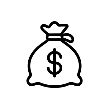 A simple line drawing depicts a money bag with a dollar sign prominently featured in the center. cutouts png