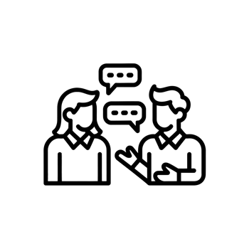Two people are depicted in a simple black line drawing, engaged in conversation with speech bubbles above them cutouts png