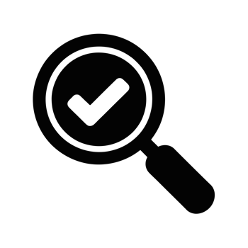 A simple black icon features a magnifying glass with a check mark inside cutouts png