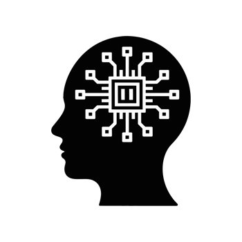 A silhouette of a human head contains a microchip at its center, symbolizing the concept of artificial intelligence or technology integration with the mind. cutouts png