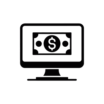 A computer monitor displays an icon of a dollar bill, symbolizing online banking or digital currency transactions. cutouts png
