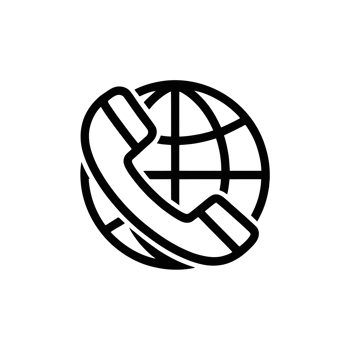 A black icon features a classic telephone handset overlaid on a globe, symbolizing global communication. cutouts png
