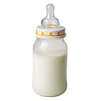 Baby bottle with warm milk, essential infant feeding item for parenthood and childcare png