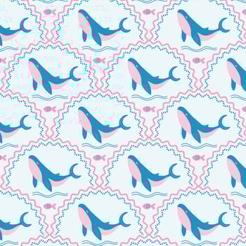 Marine seamless retro pattern with whales. Summer tropical sea background. vector