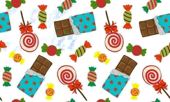 seamless pattern with chocolate bars, swirl lollipops and wrapped candies on white background playful retro sweets design for packaging, kids, holiday prints vector