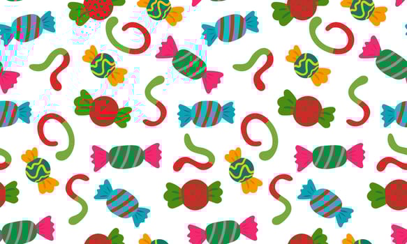 seamless pattern bright colorful wrapped gummy worms candies white background, fun sweet treats design, sugar confectionery illustration for textile, fabric vector