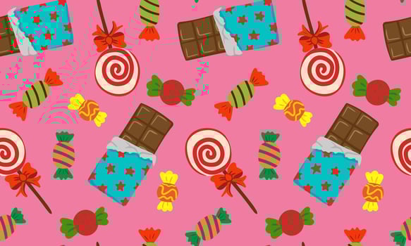 bright pink seamless candy pattern with chocolate bars, swirl lollipops and colorful wrapped sweets playful retro confectionery background for kids vector
