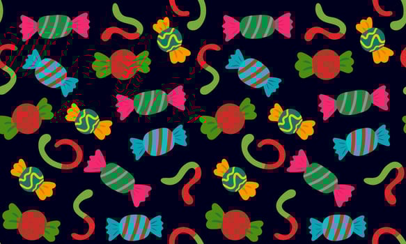seamless pattern colorful wrapped candies gummy worms dark background, festive sweet treats design sugar confectionery illustration textile, wrapping paper vector