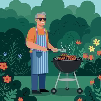 Elderly man grilling meat outdoors in garden surrounded by green bushes and colorful flowers illustration vector