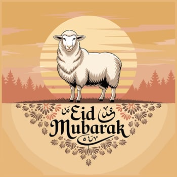 Eid mubarak greeting card with sheep illustration vector