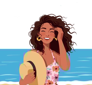 Woman enjoying summer beach day with floral swimsuit and sun hat illustration vector