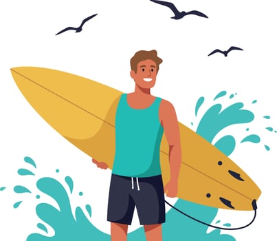 Surfer man holding yellow surfboard with ocean waves and flying seagulls illustration vector