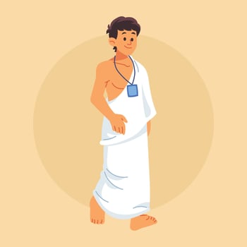 A young man dressed in Ihram stands ready for Hajj vector
