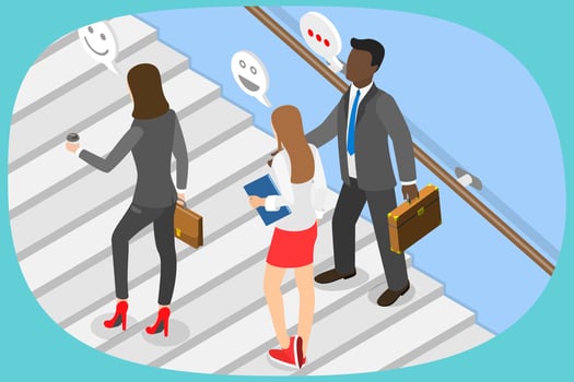 3D Isometric Flat Illustration of Business Professionals Ascending stairs to Office After Coffee Break with Beaming Smiles, Team Spirit at Company vector
