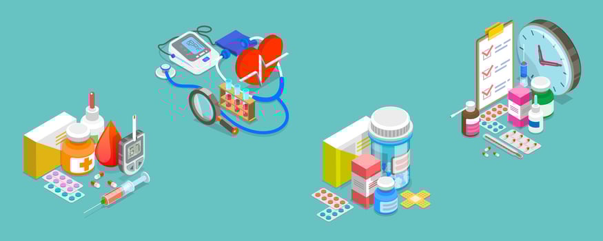 3D Isometric Flat Set of Pharmacy, Quick Aid and Treatment Products vector