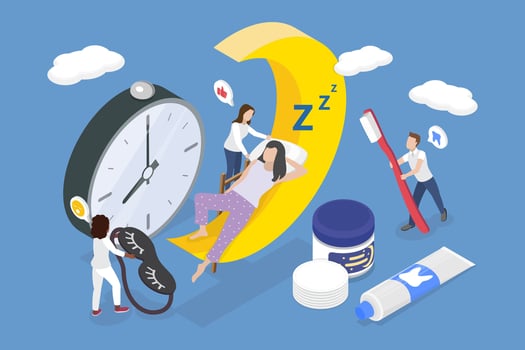 3D Isometric Flat Illustration of Bedtime Routine, Nighttime Rituals for Better Sleep vector