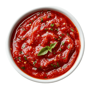 Bowl of fresh tomato sauce with basil for pasta or pizza recipe isolated on transparent background png
