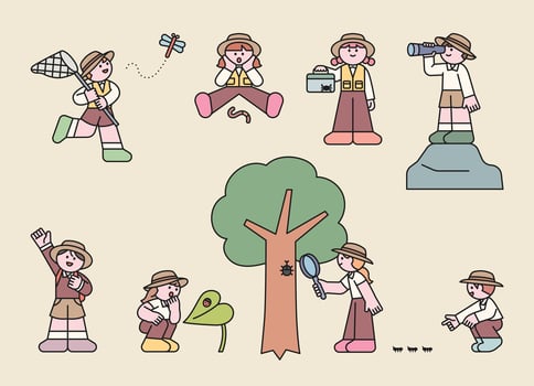 Cute kids exploring nature and observing insects with nets, magnifying glasses, and binoculars. vector