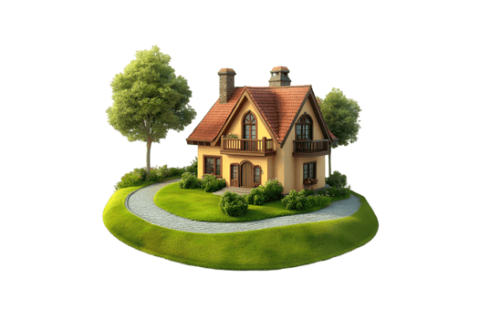 Charming Yellow House on Green Hillside Lovely Landscaping Stone Path png