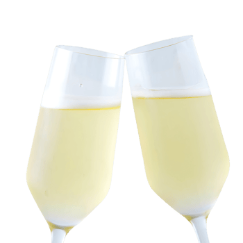 Two elegant champagne flutes filled with bubbly liquid gently touch in a celebratory toast. png