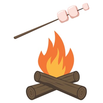 Sweet marshmallows roasting over glowing campfire sticks isolated illustration on white backgroun vector