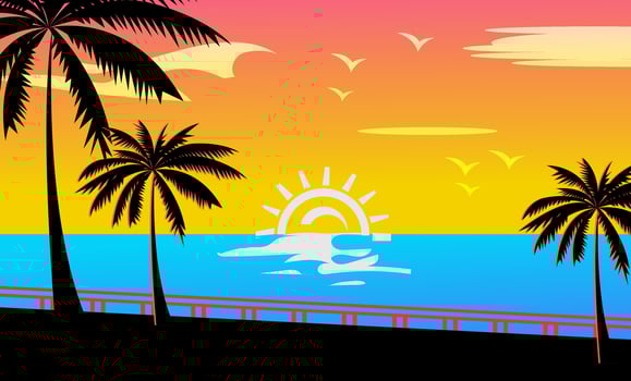 Tropical Sunset Beach Scene Palm Trees, Ocean, Sunset, Birds vector