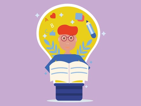 Education Concept. Flat illustration a person inside a light bulb with books, symbols, and thoughts representing imagination, learning, and innovation. vector