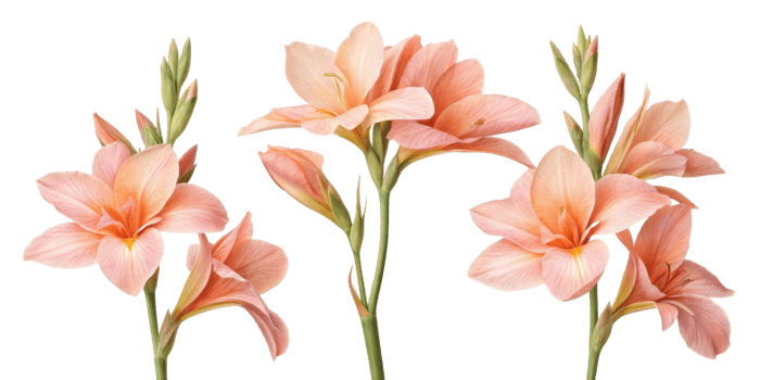 Beautiful canna flowers bloom in soft peach hues, showcasing their delicate petals and vibrant green stems, creating serene atmosphere png