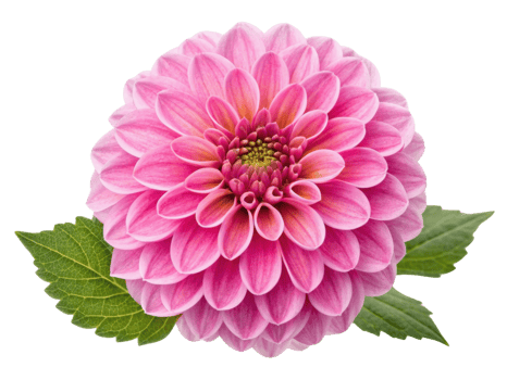 Dahlia flower with vibrant pink petals and green leaves showcases natural beauty and elegance in stunning display of color and form png