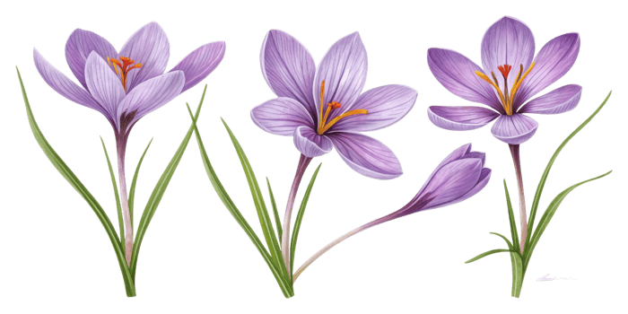 Saffron flowers bloom beautifully with vibrant purple petals and delicate green leaves, showcasing nature elegance and charm png