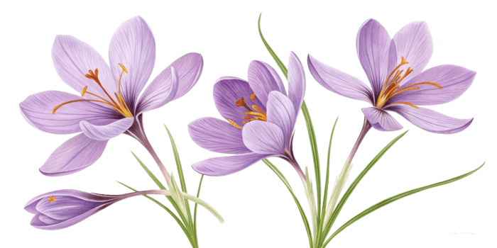 Saffron flowers bloom beautifully with delicate purple petals and vibrant orange stamens, creating stunning visual display of nature artistry png