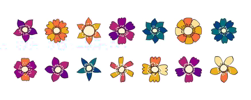 Collection of Hand Drawn Multicolored Head Flowers. Doodle quirky summer and spring plants. Feminine set of plants perfect for fashion, clothing, cards, invitations, wrapping paper vector