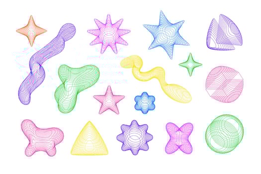 Colorful abstract 3D wireframe shapes with chaotic lines, perfect for modern design projects and digital art backgrounds. vector