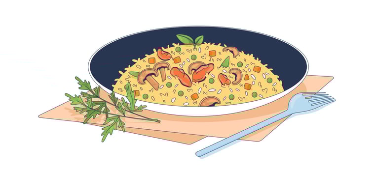 Mussels and pea risotto with mushrooms and garnish 2D illustration. Italian saffron rice dish. Dinner plate. Authentic food flat object isolated on white background. Colorful cartoon image vector
