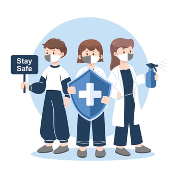 Cartoon characters with covid protection items including mask, spray, shield, and sign. Flat illustration. vector