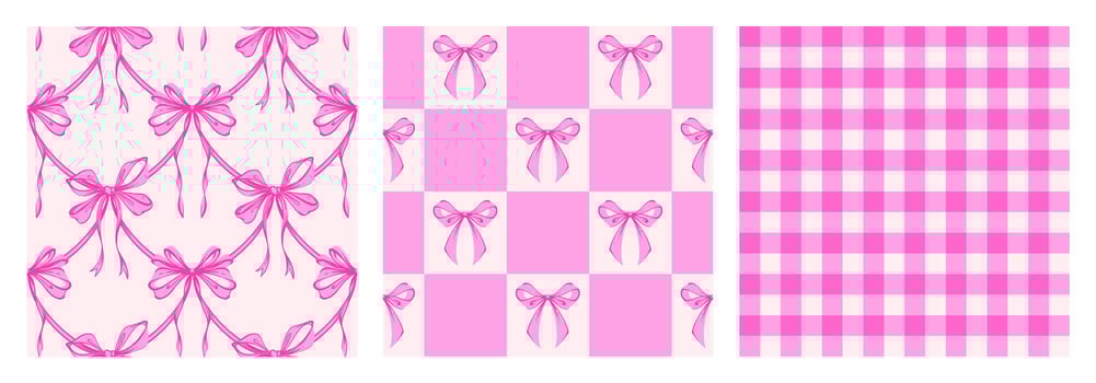 Ribbon Bow Coquette Seamless Pattern Set. Pink Hand-Drawn Feminine Checkered Pattern Backgrounds with garland of bows. Romantic Design. Perfect for a Lovely and Whimsical Valentines Day Backdrop vector