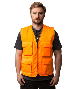 High Visibility Safety Vest Orange Hunting Fishing Work against transparent background png