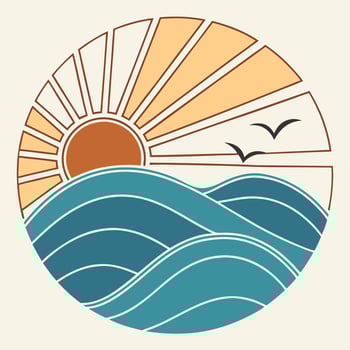 Minimalist ocean sunset illustration with birds in flight and wavy sea vector